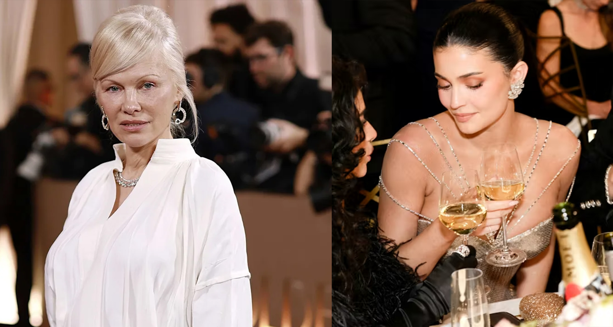 Golden Globes jewellery trends on the red carpet: a white draped dress with gold hoop earrings, and a black gown with a diamond collar