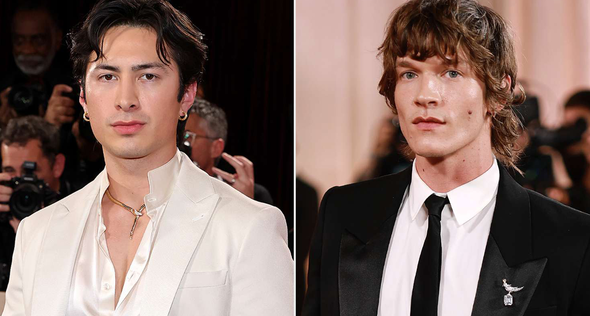 Two menswear red-carpet looks: a white dinner jacket with an open collar and chain, and a black tuxedo with a lapel pin