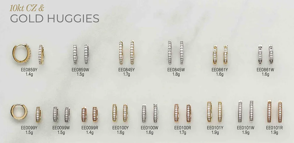Catalogue page of 10kt CZ and gold huggie earrings with per-pair weights