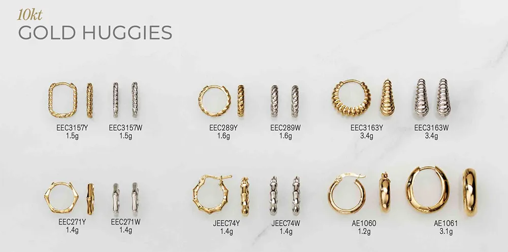 Catalogue page of 10kt gold huggie earrings, plain and textured