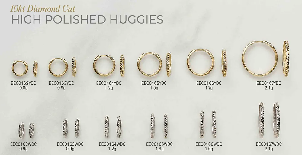 Catalogue page of 10kt diamond-cut high-polished gold huggie earrings with reference numbers and per-pair weights