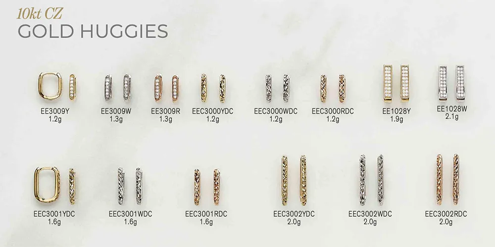 Catalogue page of 10kt CZ gold huggie earrings in graduated sizes