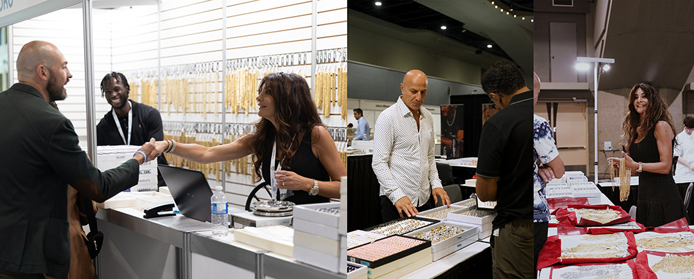 Buyers and exhibitors reviewing sample trays at a Time and Shine booth