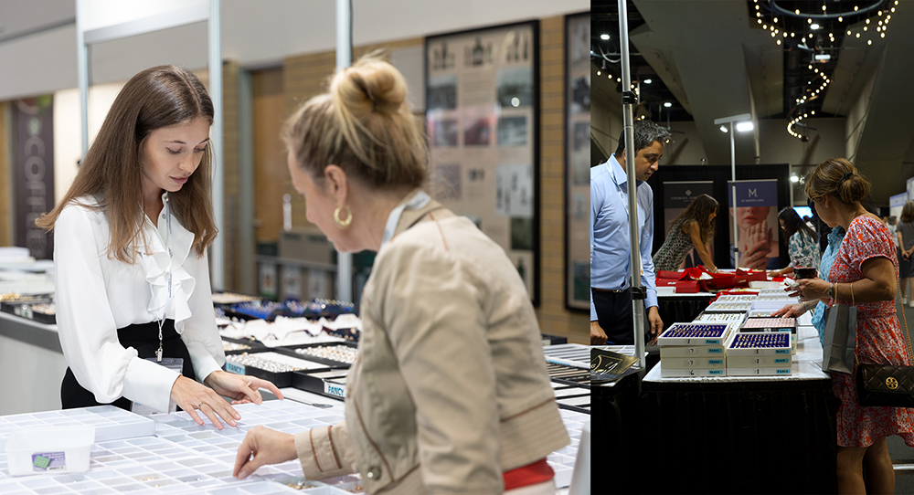 Two buyers going through order sheets and samples at a booth