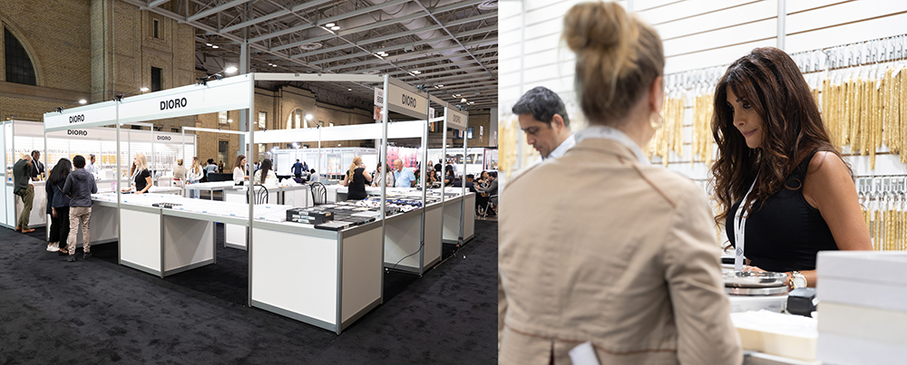 The show floor, with exhibitor booths and gold chain displays