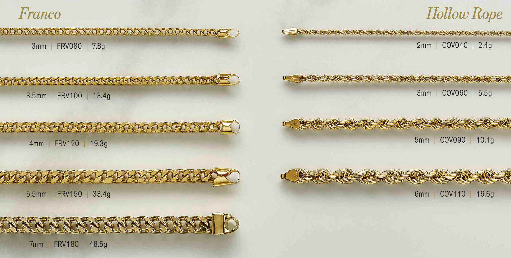 DIORO catalogue page showing 10kt Franco and hollow rope gold chains, each listed with its millimetre width, reference number and gram weight