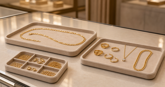 DIORO gold chains, rings, earrings and findings displayed on trays at a wholesale jewellery showroom counter