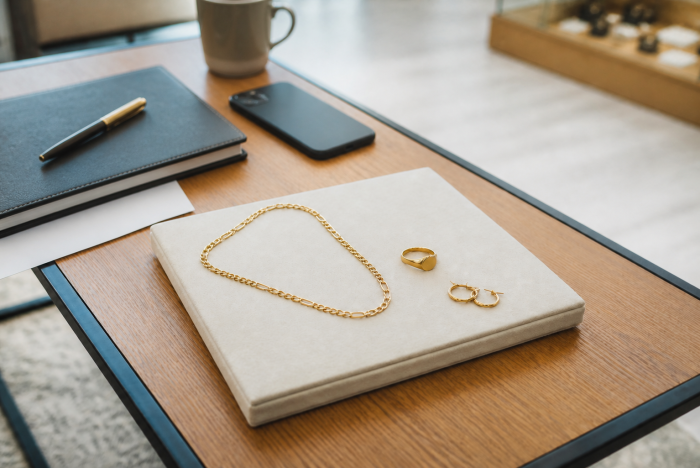 Gold jewellery displayed beside a notebook, pen and phone on a DIORO showroom consultation counter